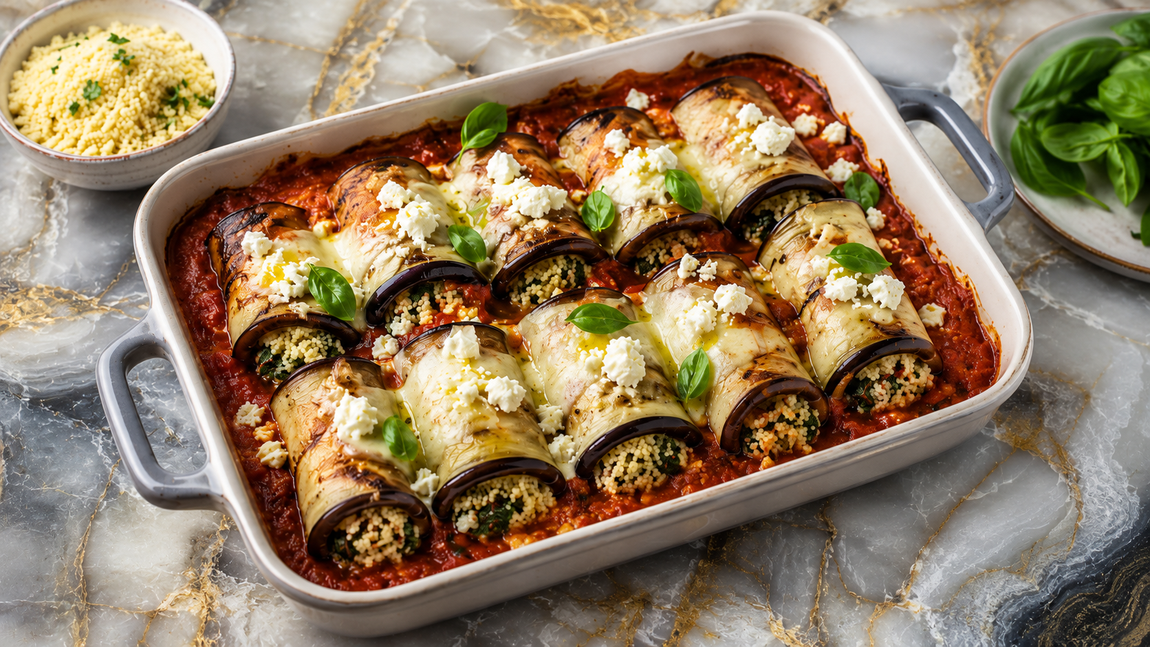 Aubergine rolletjes met couscous uit de oven