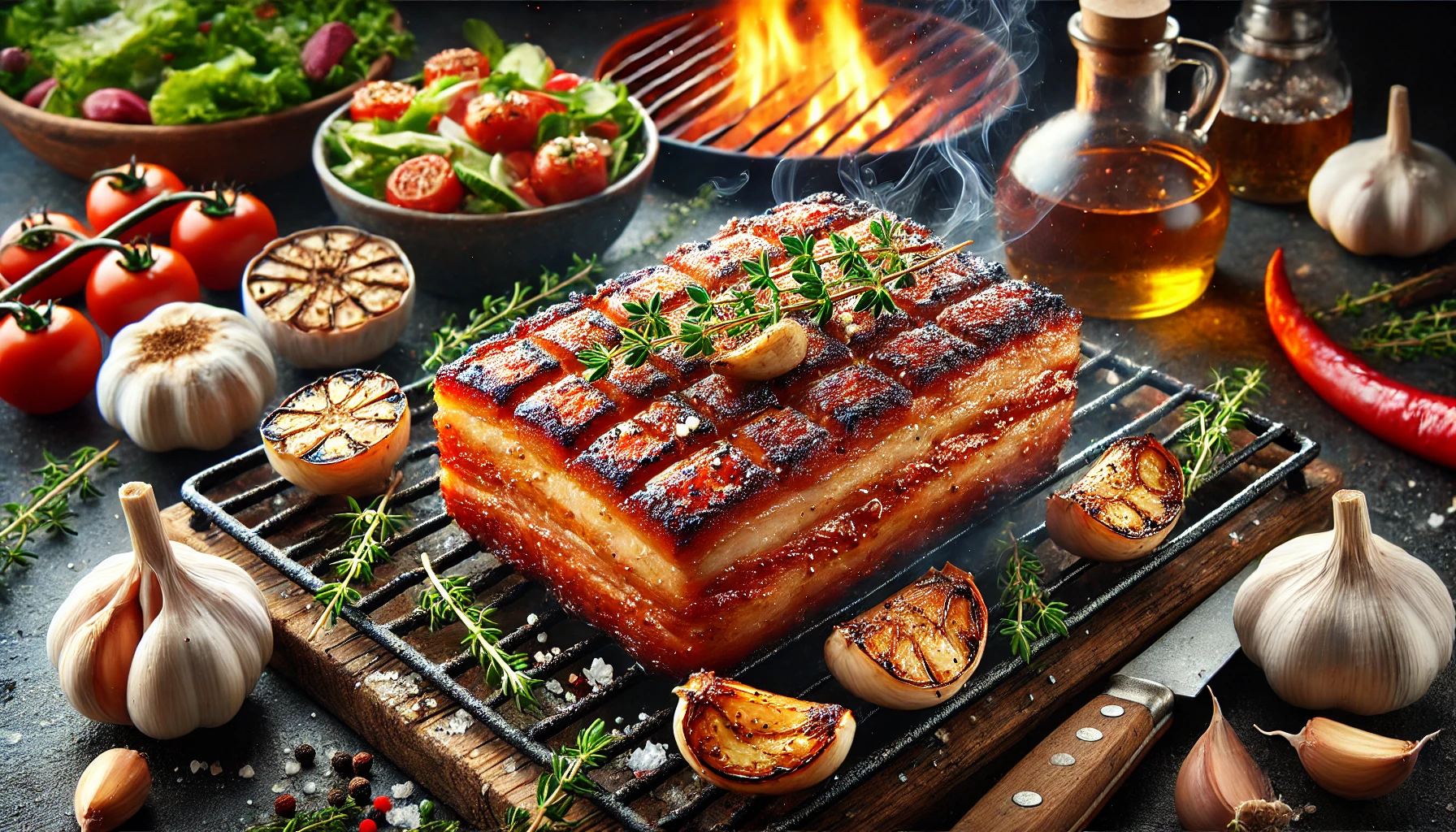 BBQ Varkensbuik met Knoflook en Tijm: Vet en smaakvol, perfect gecarameliseerd op de grill