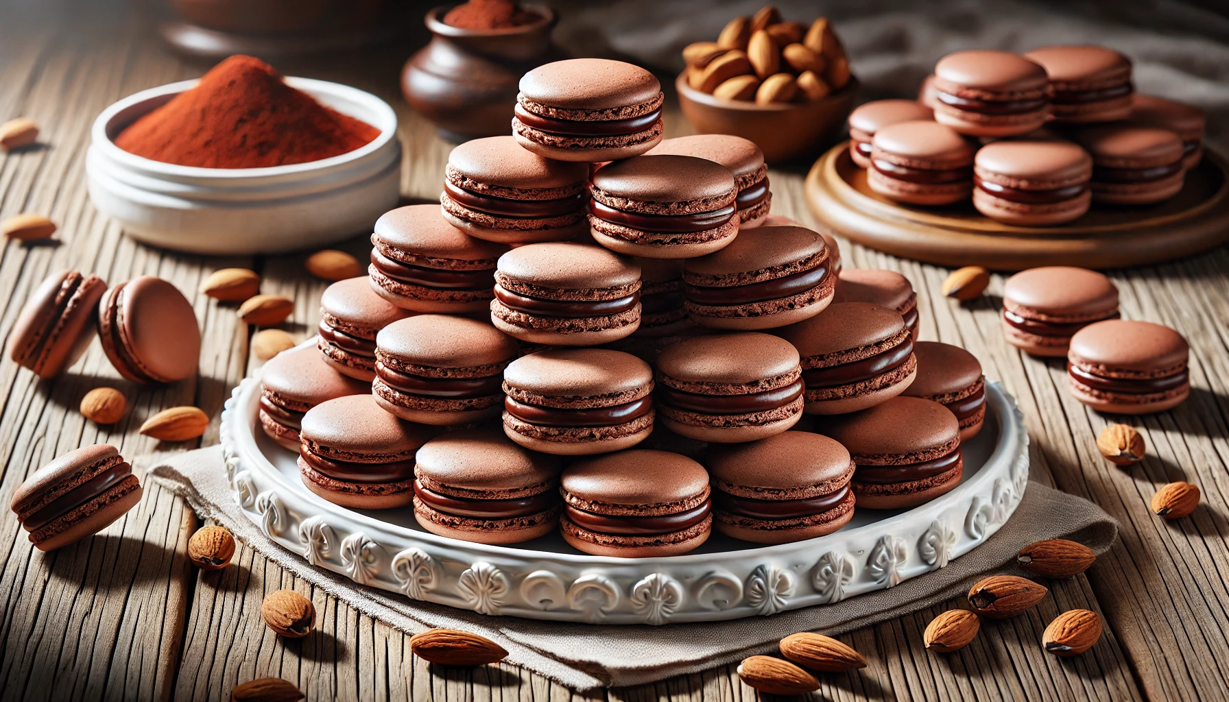 Chocolade Macarons: Franse amandelkoekjes gevuld met een rijke chocoladeganache