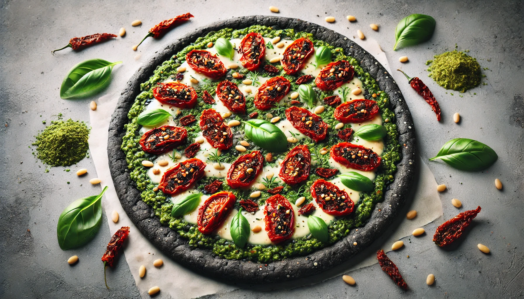 Zwarte Bonenbodem Pizza met Pesto en Zongedroogde Tomaten