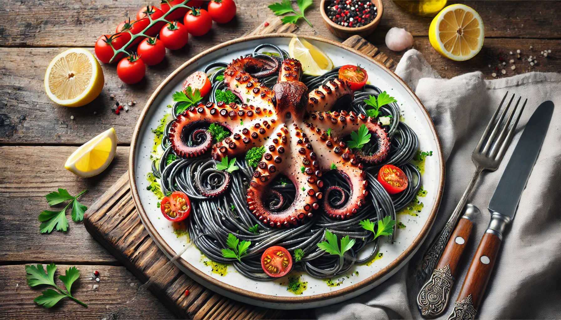 Gegrilde Octopus met Inktvisinkt Pasta