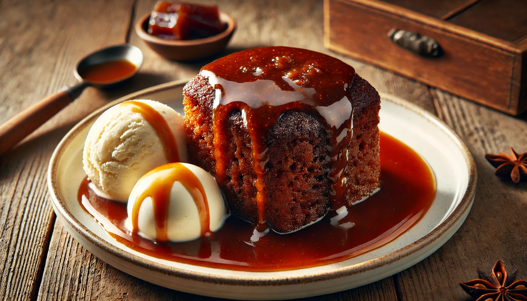 Sticky Toffee Pudding Een Brits dessert met een vochtige dadelspongecake overgoten met een hete toffeesaus