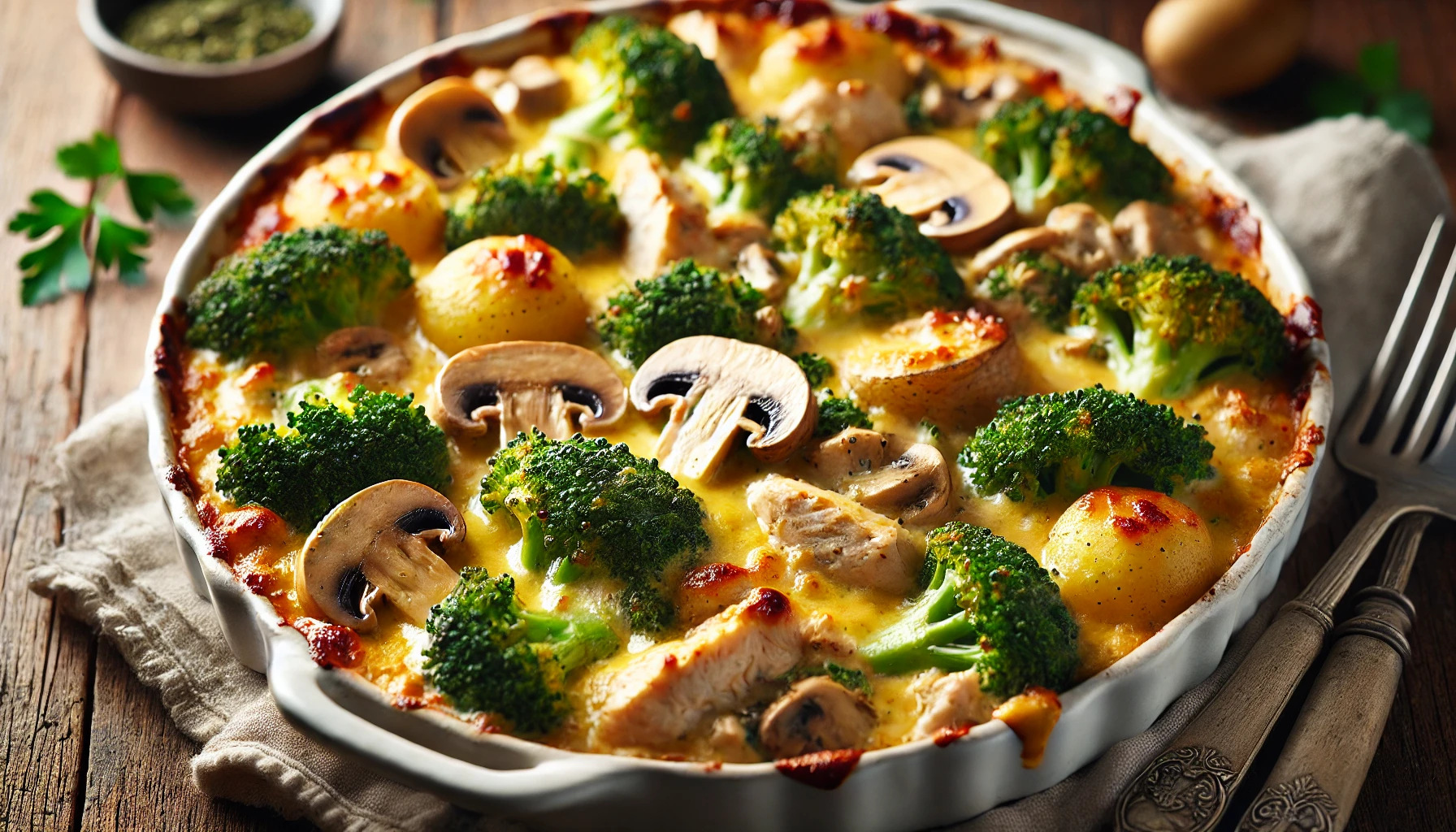 Broccoli-ovenschotel met Kip, Champignons en Krieltjes