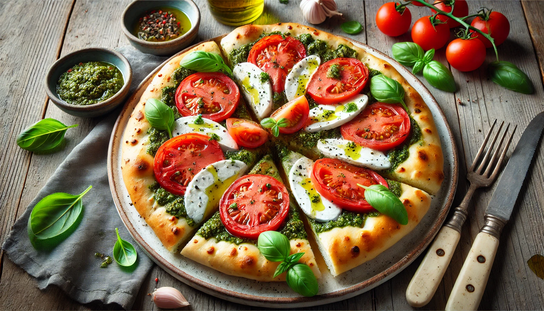 Caprese Focaccia met Buffalo Mozzarella en Pesto