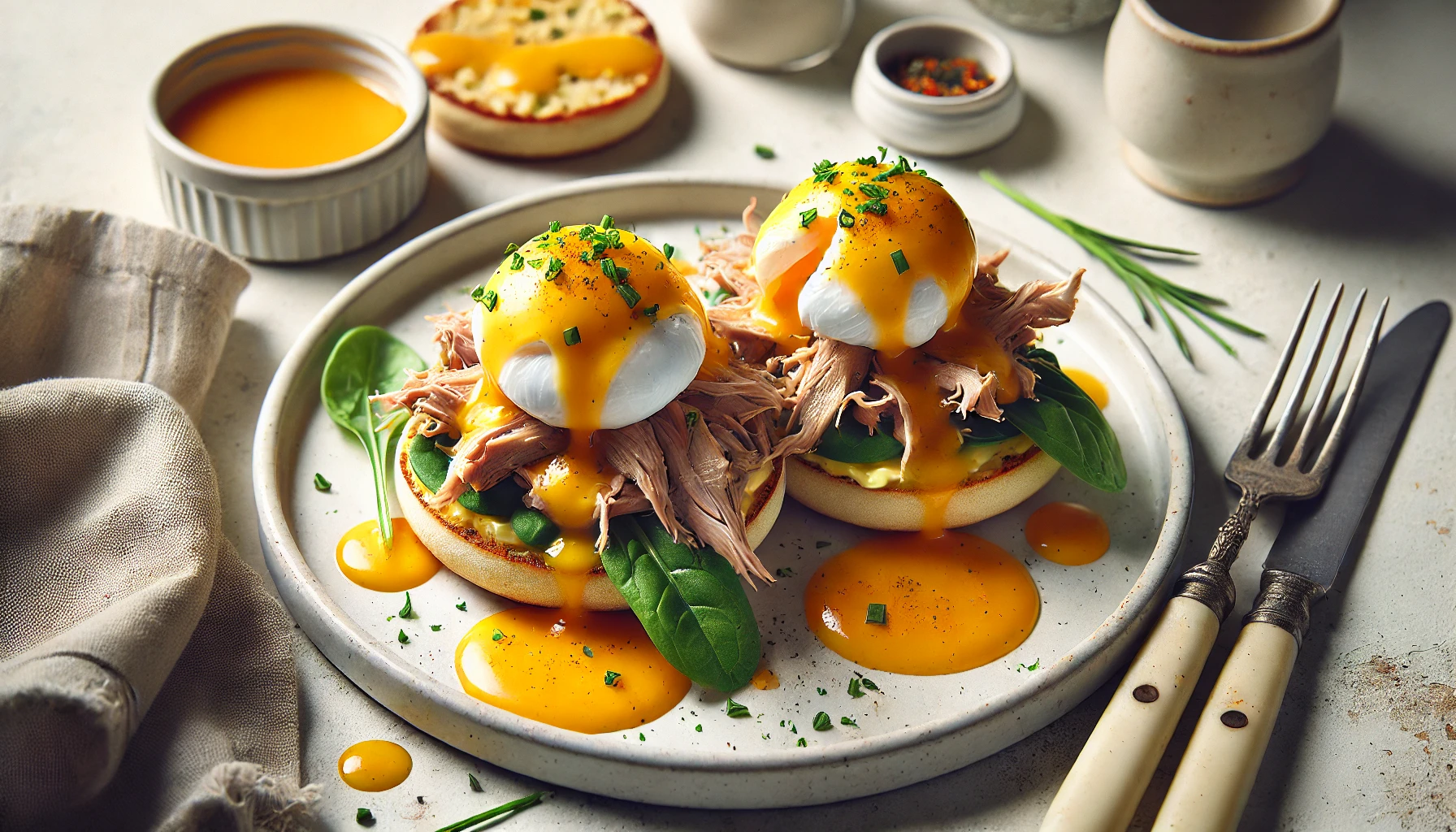 Eggs Benedict met Gekonfijte Eend: Een Luxe Ontbijtoptie