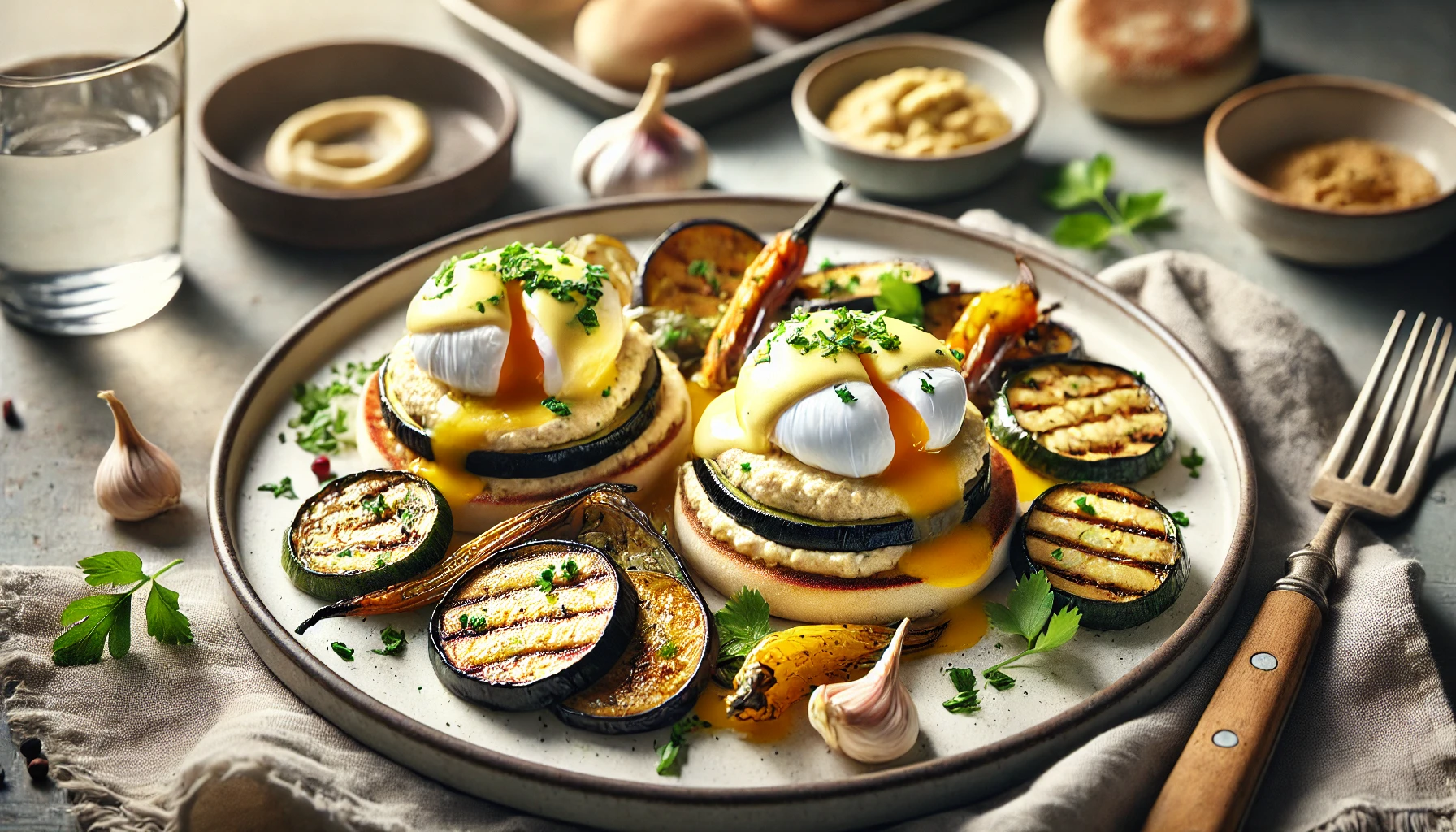 Eggs Benedict met Hummus en Geroosterde Groenten