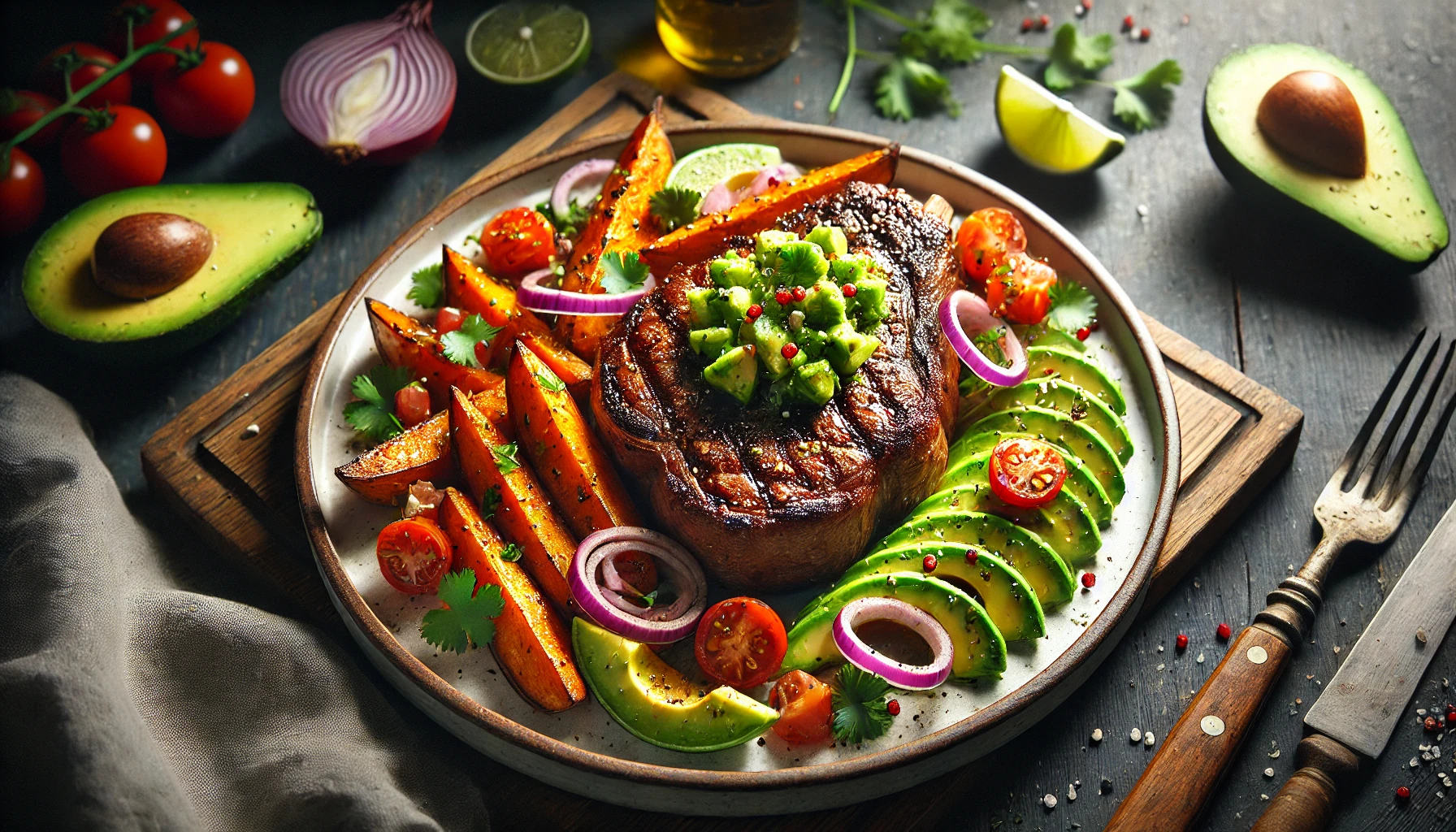 Entrecote Steak met Avocado Salsa en Zoete Aardappel