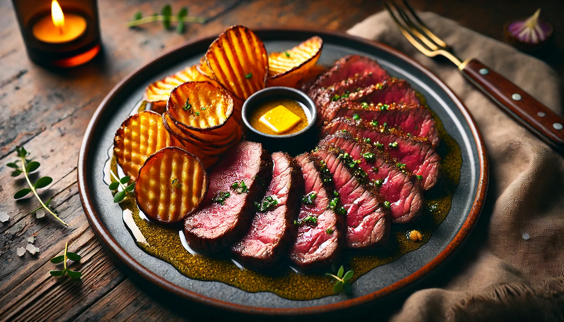 Entrecote Steak met Miso Boter en Zoete Aardappel Chips