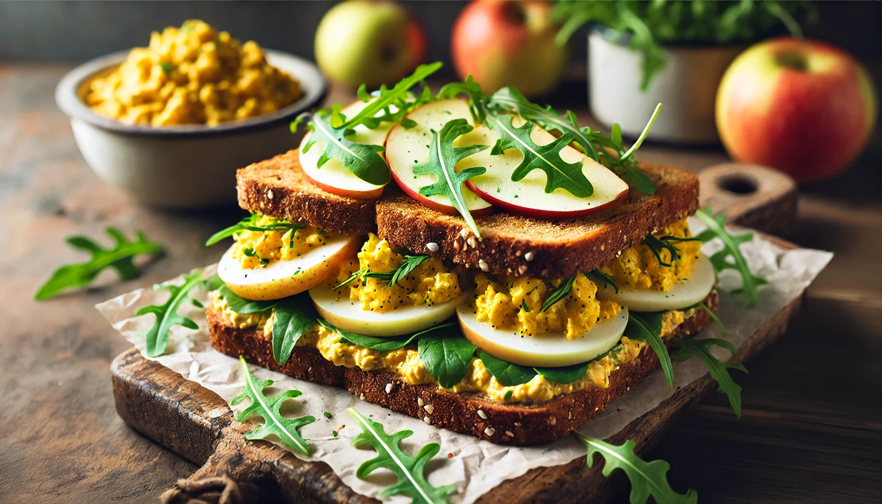 Curried Egg Salad Sandwich met Rucola en Appel