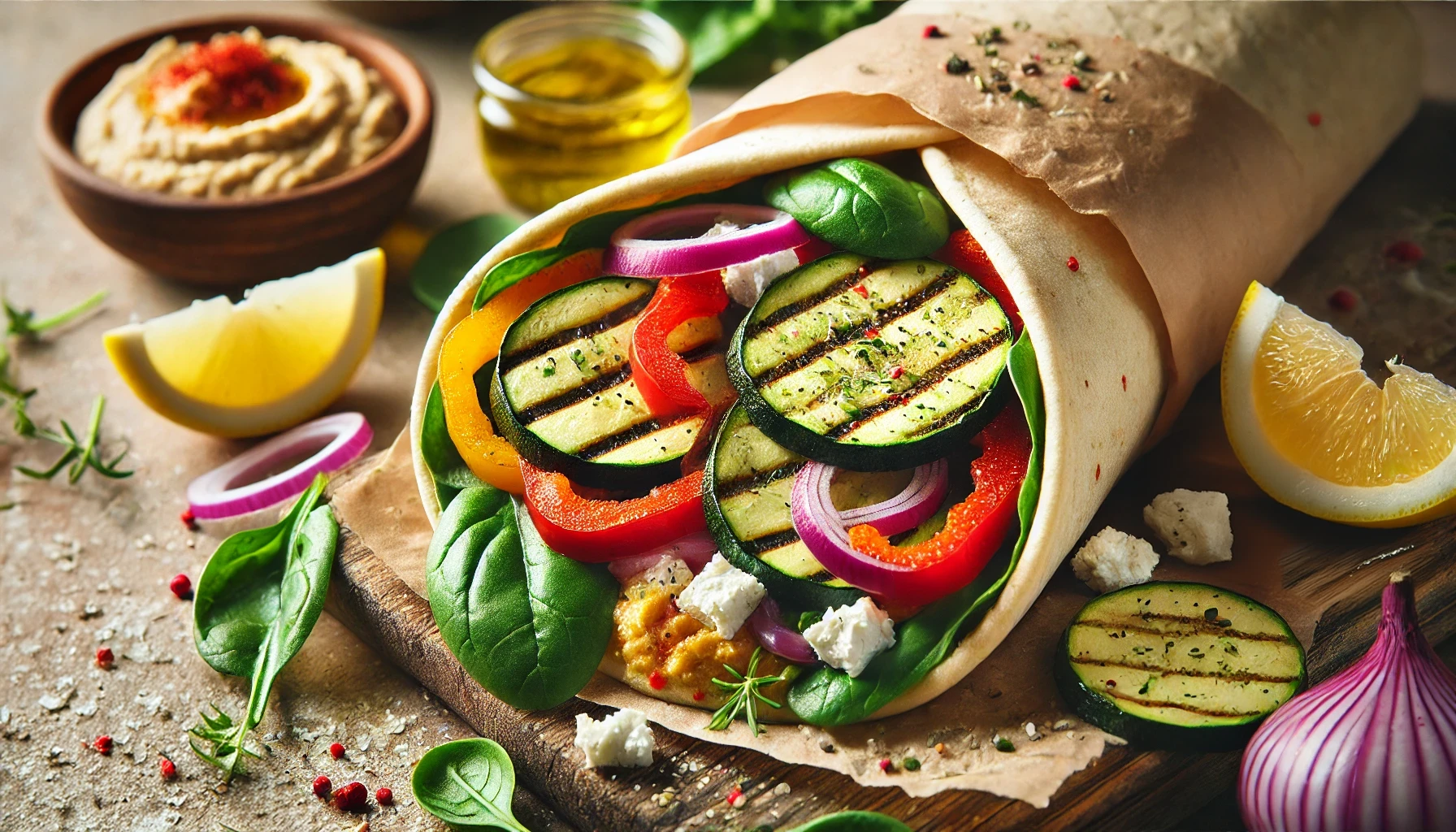 Mediterranean Veggie Wrap met Hummus, Feta Gegrilde Groenten