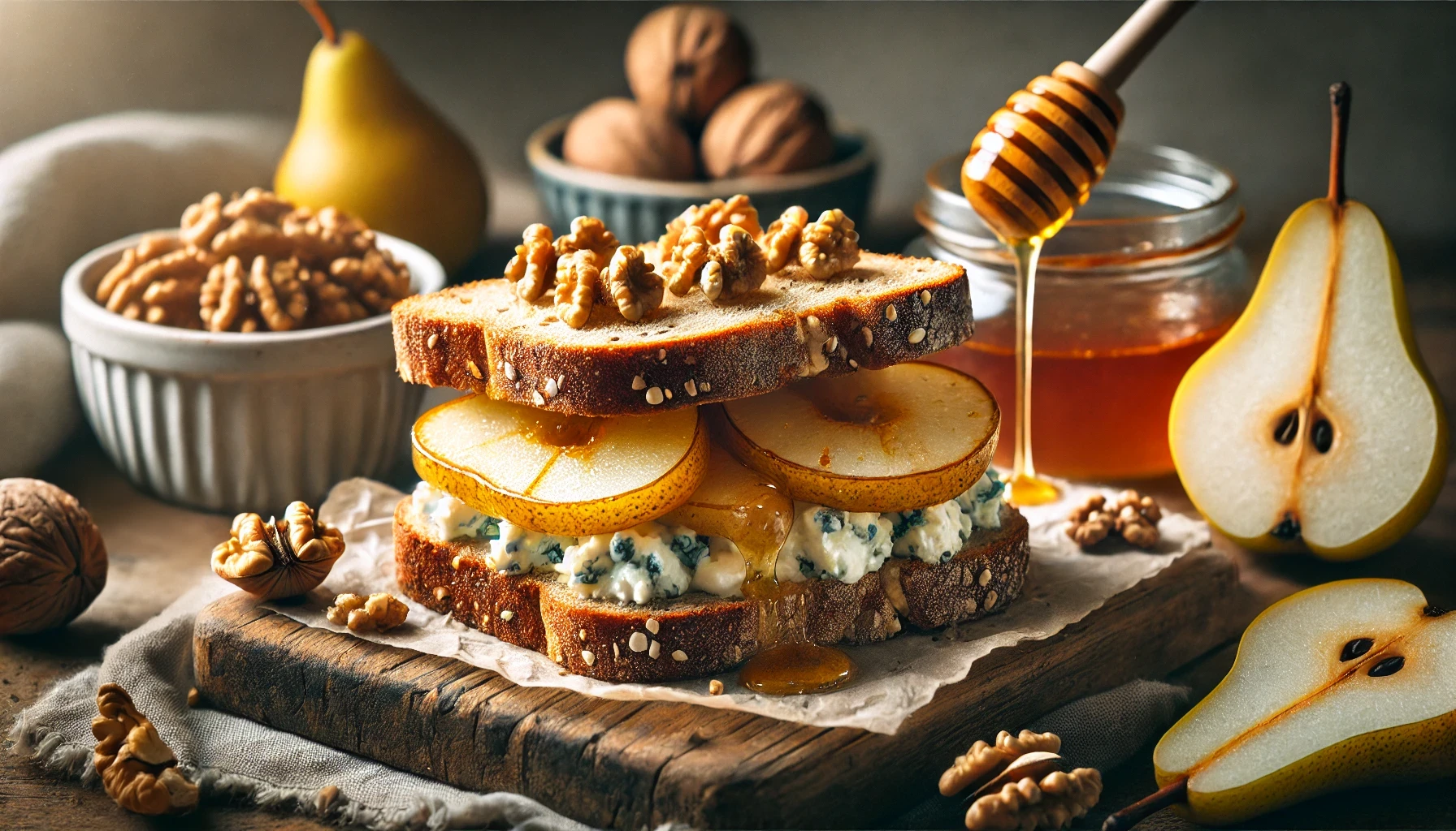 Serveren: Serveer de Geroosterde Peer en Blauwe Kaas Sandwich met Walnoten warm, eventueel met een frisse groene salade aan de zijkant of een kopje soep. Voeg wat extra honing of een paar schijfjes verse peer toe voor een elegante presentatie.