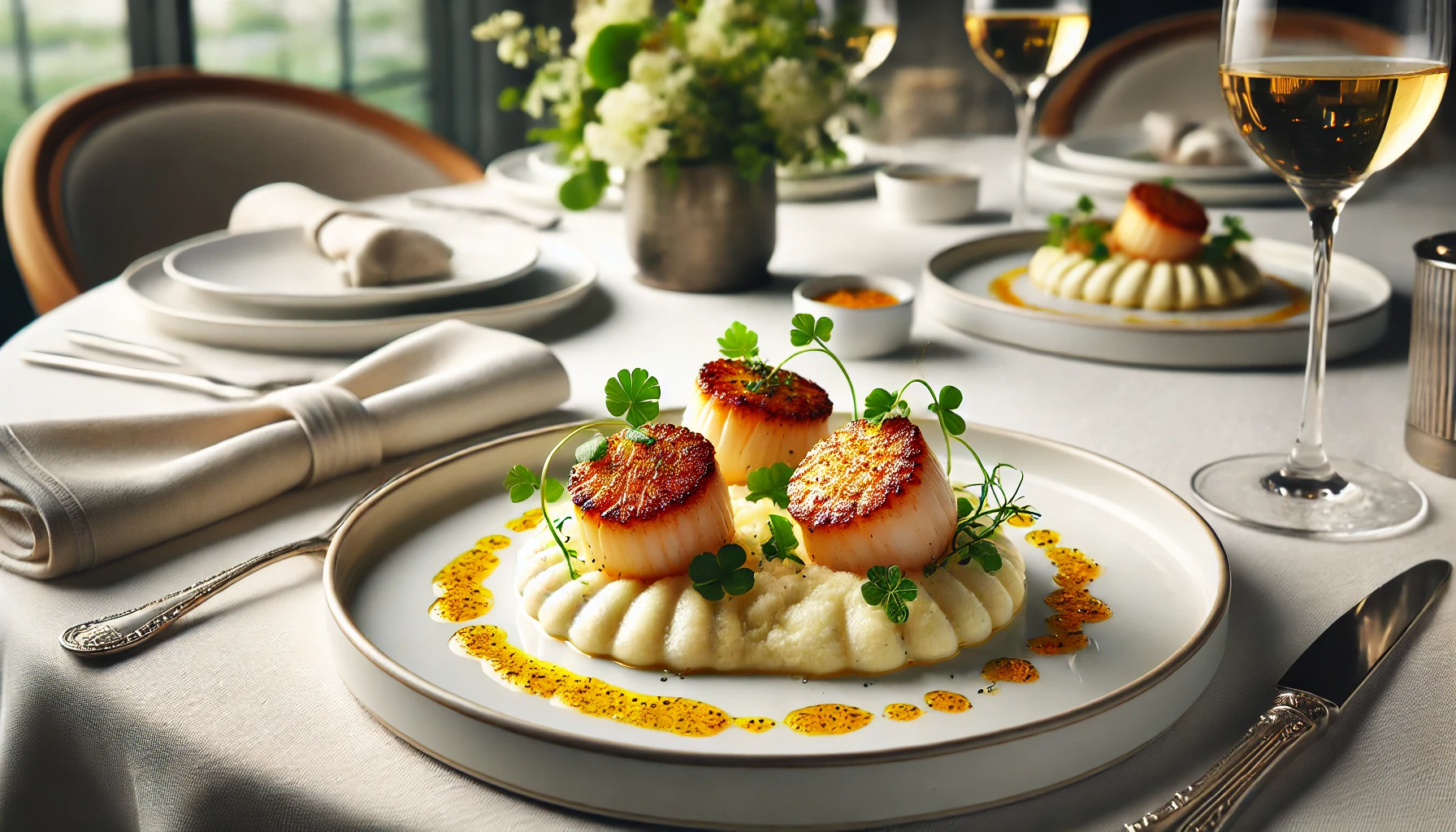 Coquilles Saint-Jacques met Bloemkoolpuree en Saffraansaus