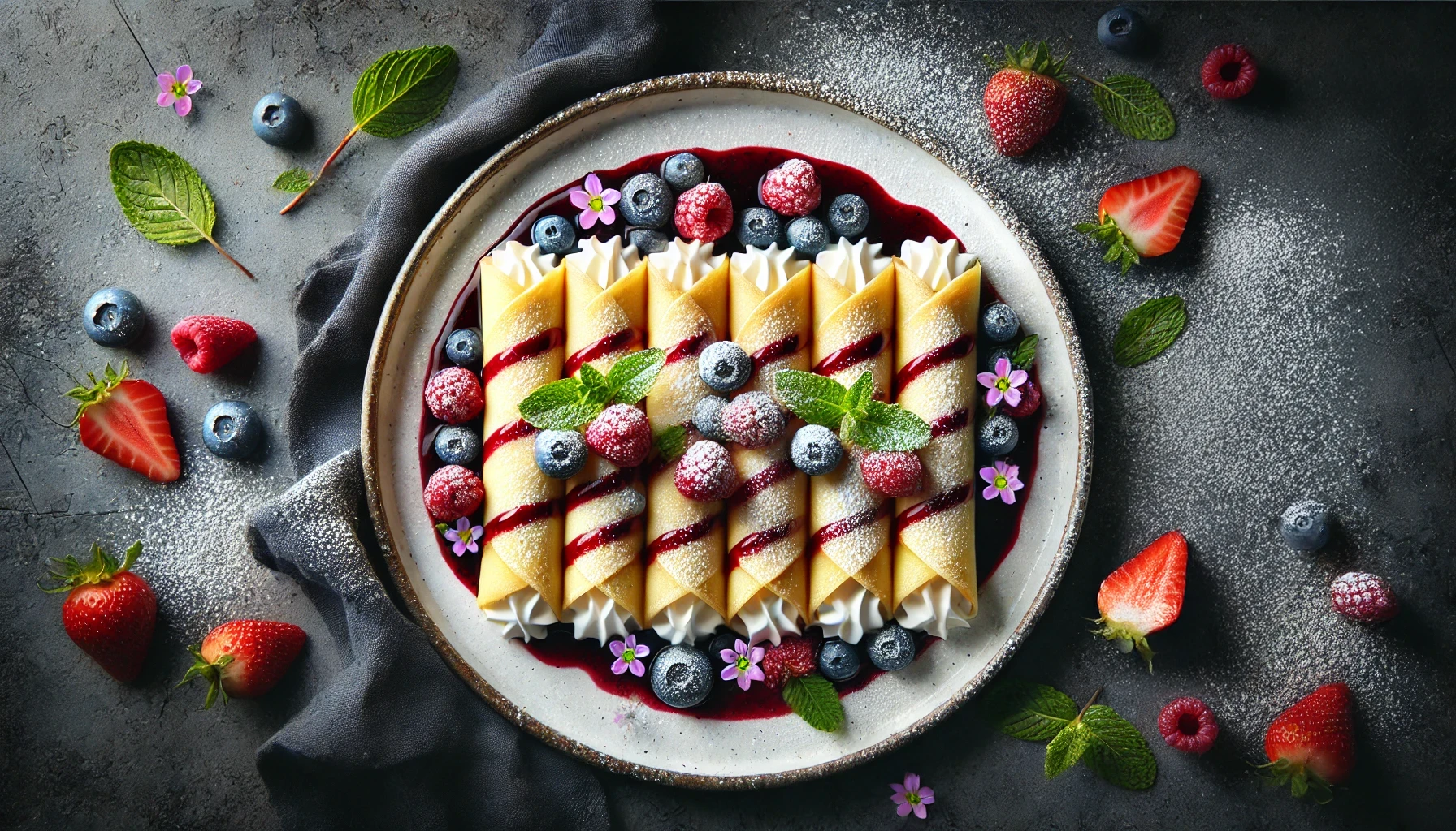 Dessert Cannelloni met Crêpes, Roomkaas en Berry Coulis