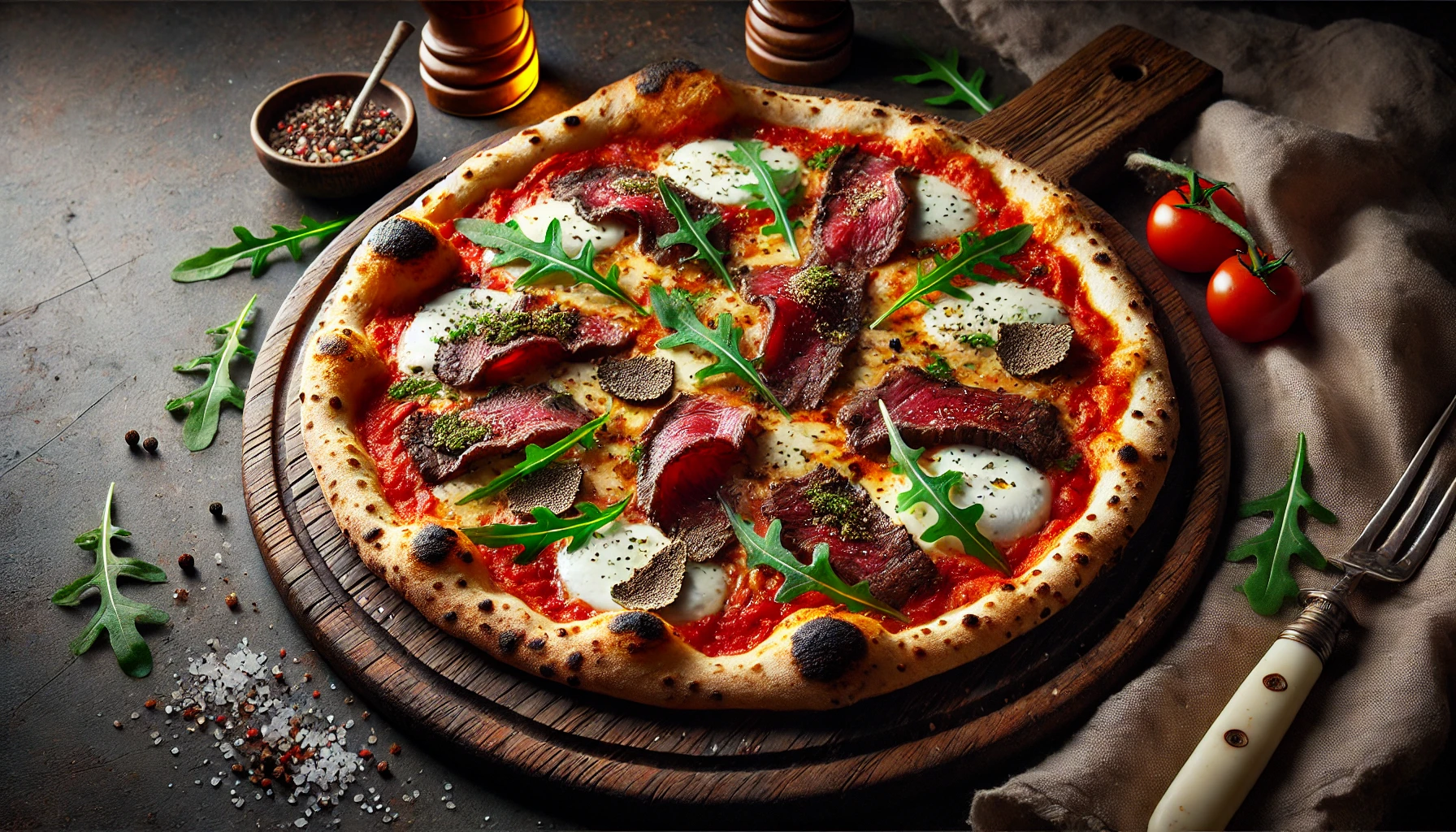 Pizza met Wagyu Beef en Truffelolie