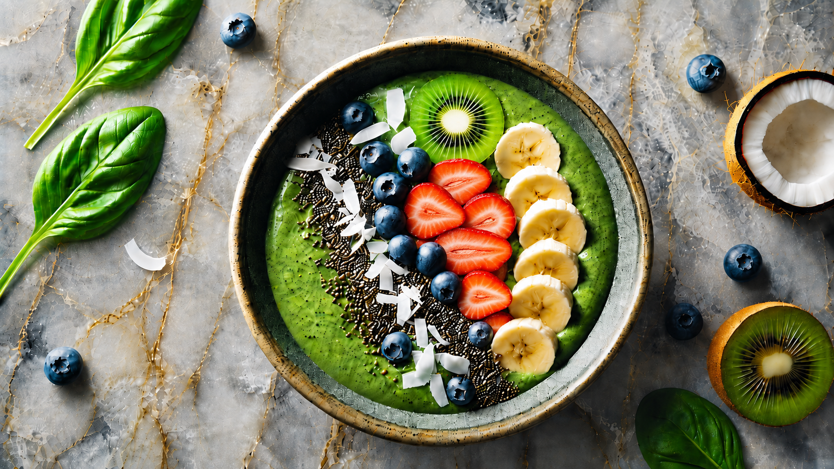 Groene smoothie bowl met spinazie, banaan en vers fruit