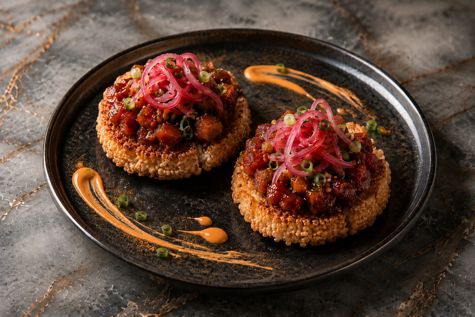 Crispy sushi rice sandwich met babi pangang