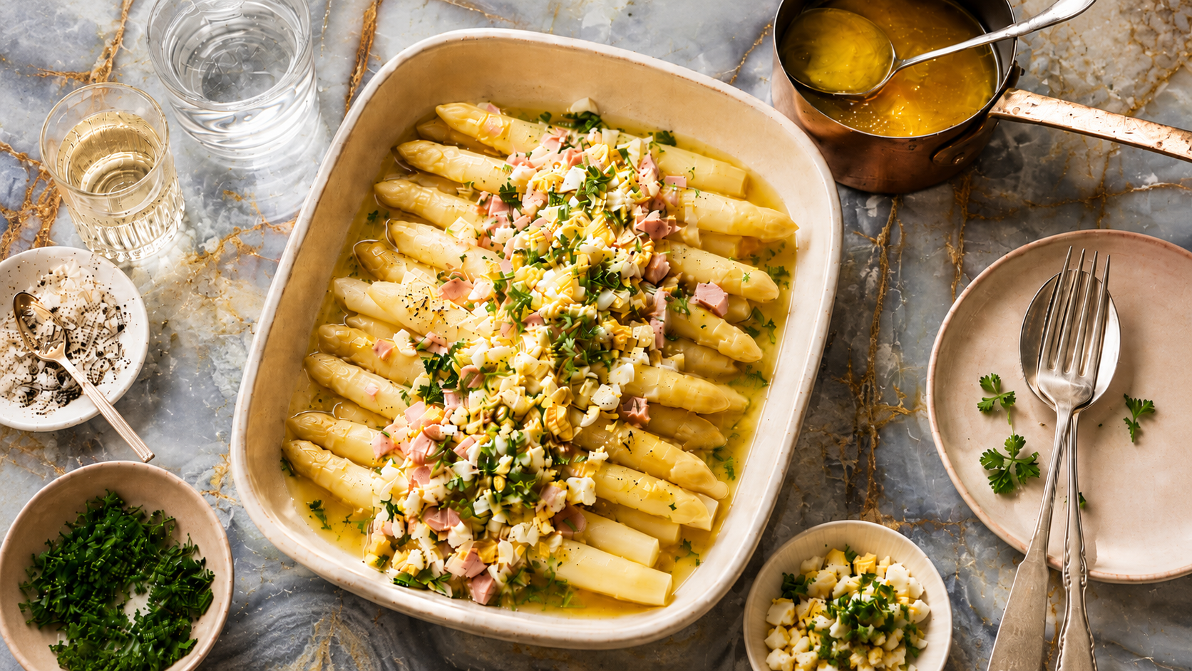 Witte asperges met ei, ham en bruine boter