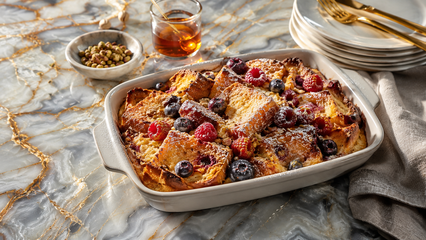 Brioche Wentelteefjesschotel met Rode Bessen & Pistache